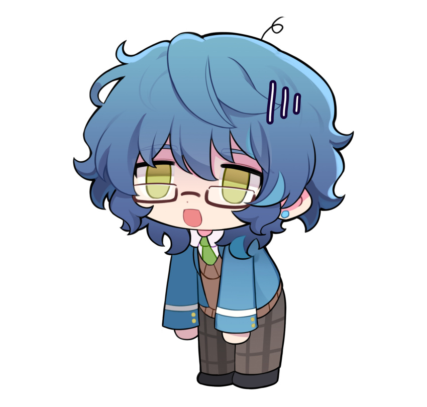 1boy :d aoba_tsumugi black_footwear blue_hair blue_jacket brown-framed_eyewear brown_pants brown_sweater chibi collared_shirt commentary_request dot_nose ensemble_stars! full_body glasses green_necktie highres jacket long_sleeves male_focus mian_zhi_bao necktie open_clothes open_jacket open_mouth pants plaid_clothes plaid_pants semi-rimless_eyewear shirt short_hair simple_background smile solo standing sweater white_background white_shirt yellow_eyes