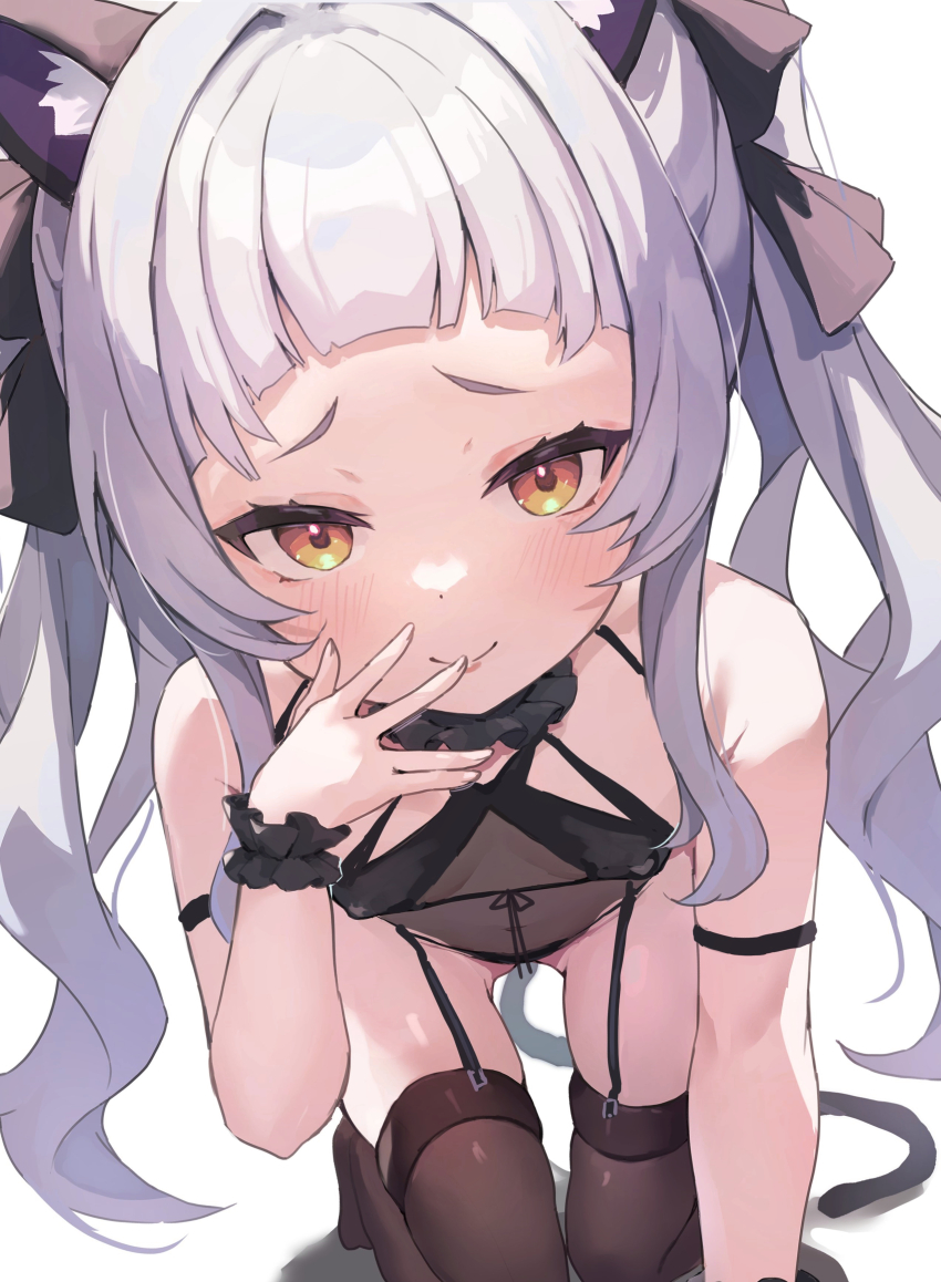 1girl absurdres alternate_costume animal_ear_fluff animal_ears asktyuni black_thighhighs breasts cat_ears grey_hair highres hololive long_hair looking_at_viewer murasaki_shion murasaki_shion_(gothic_lolita) short_eyebrows small_breasts solo thighhighs twintails virtual_youtuber white_background yellow_eyes