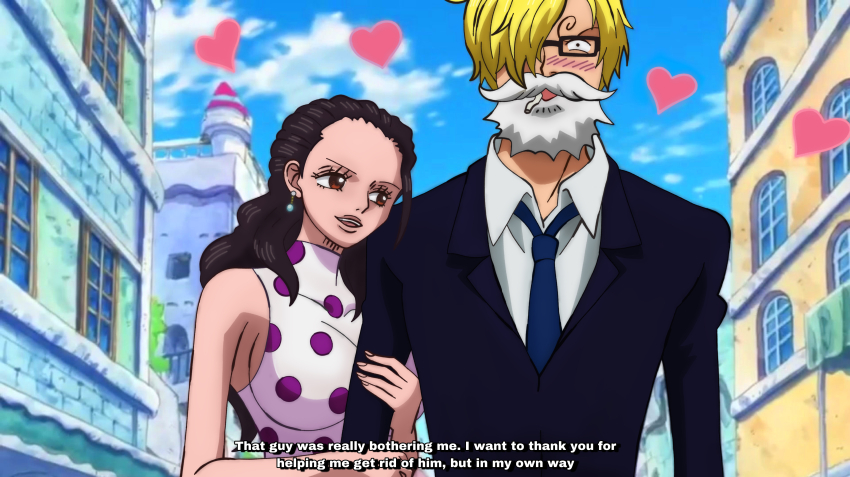 1boy 1girl absurdres arm_hug blonde_hair blush breasts brown_eyes brown_hair cigarette dress dressrosa fake_beard fake_facial_hair glasses highres large_breasts long_hair one_piece polka_dot polka_dot_dress rao_jackman sanji_(one_piece) short_hair viola_(one_piece)