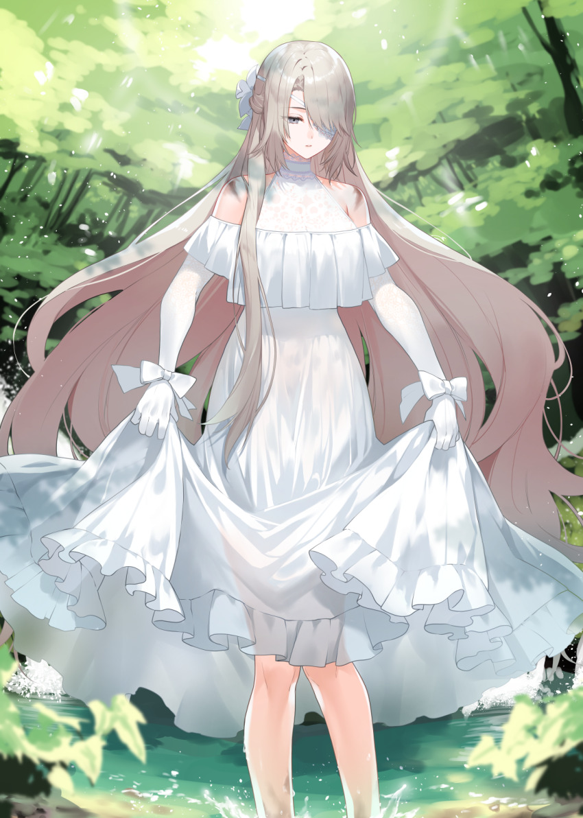 bandage_over_one_eye blonde_hair bow commentary_request covering_one_eye dress elbow_gloves eyepatch foliage forest gloves grey_hair highres lace lace_trim leaf light_rays long_hair lydia_macarthur nature original pond scar splashing sunbeam sunlight tree very_long_hair waka_(shark_waka) water wedding_dress white_bow white_dress white_gloves