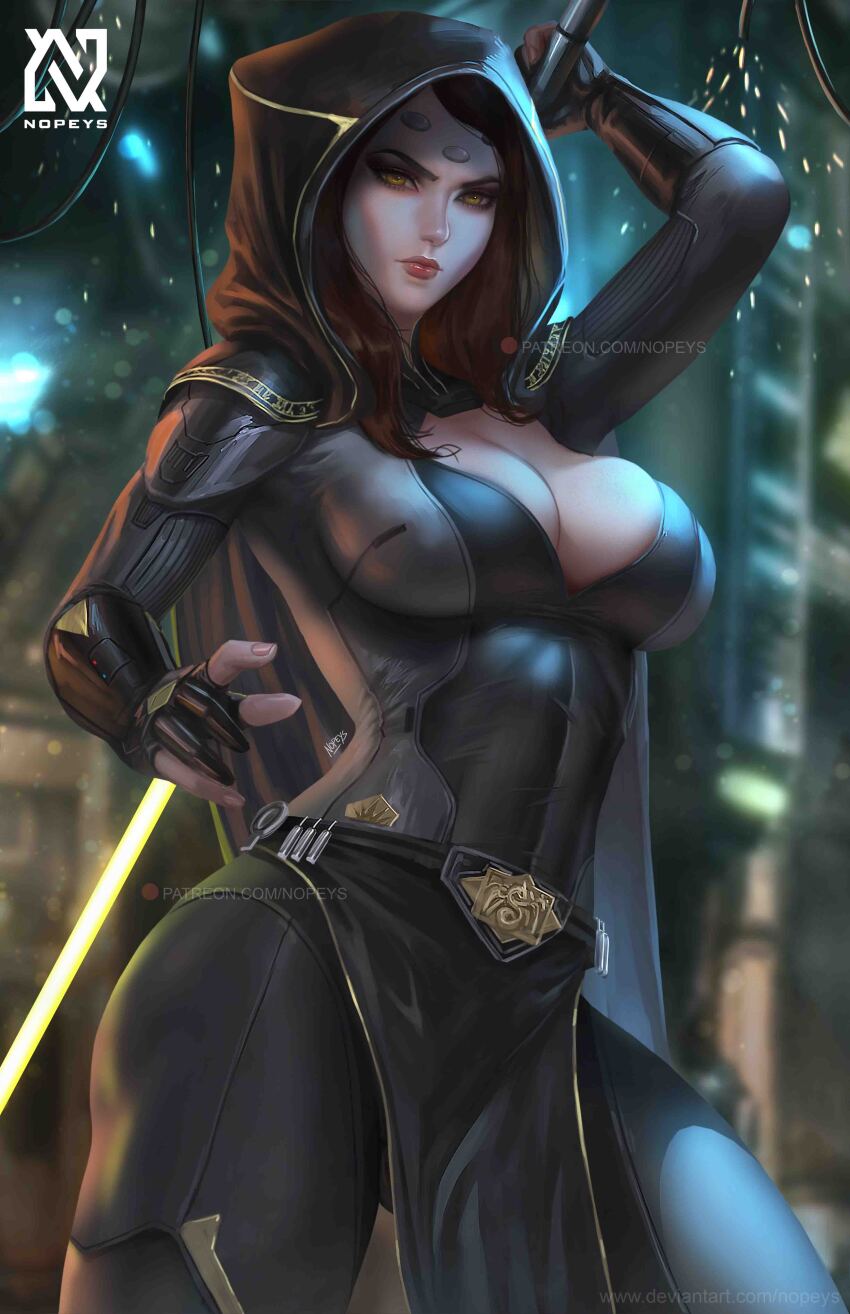 1girl absurdres black_pants breasts brown_hair cleavage energy_sword highres holding holding_lightsaber holding_weapon hood large_breasts lightsaber looking_at_viewer nopeys pants pelvic_curtain solo standing star_wars star_wars:_the_old_republic sword vaylin_(star_wars) weapon yellow_eyes yellow_lightsaber