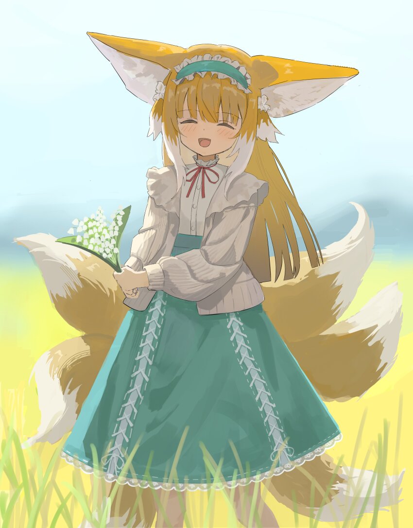 1girl ^_^ absurdres animal_ears arknights blonde_hair blue_hairband blue_skirt blurry blurry_background cardigan closed_eyes colored_tips commentary cross-laced_clothes cross-laced_skirt cross-laced_slit depth_of_field feet_out_of_frame flower fox_ears fox_girl fox_tail frilled_hairband frills hairband high-waist_skirt highres holding holding_flower kitsune kyuubi long_hair long_sleeves mikeneko90 multicolored_hair multiple_tails neck_ribbon official_alternate_costume open_cardigan open_clothes open_mouth outdoors puffy_long_sleeves puffy_sleeves red_ribbon revision ribbon shirt skirt solo standing suzuran_(arknights) suzuran_(spring_praise)_(arknights) tail two-tone_hair white_hair white_shirt yellow_cardigan