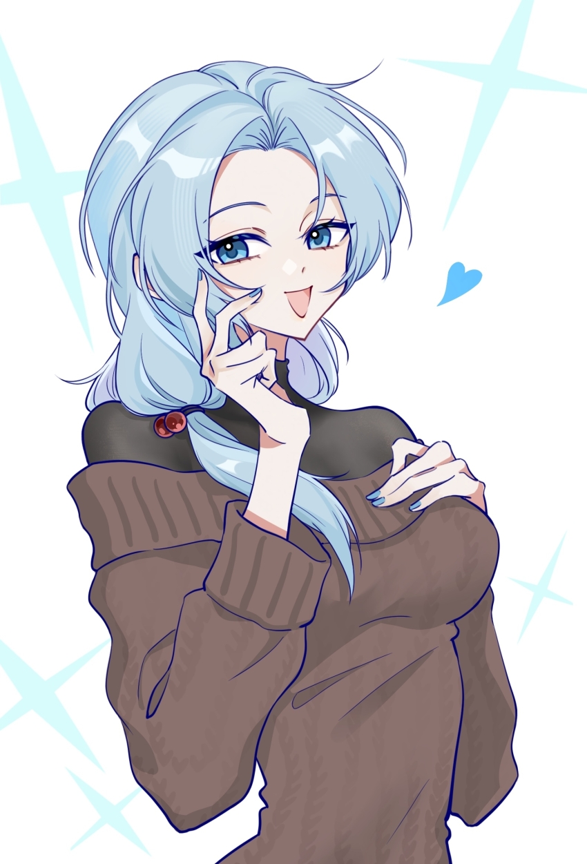 1girl blue_eyes blue_hair blue_nails breasts brown_sweater chinese_commentary commentary_request enomoto_noa finger_to_cheek hair_bobbles hair_ornament hand_on_own_chest heart highres light_blue_hair long_sleeves low_ponytail medium_breasts off-shoulder_sweater off_shoulder open_mouth parted_bangs saibou_shinkyoku sanwei16909 side_ponytail smile solo sweater turtleneck upper_body