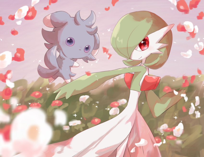 bob_cut colored_skin creatures_(company) dress espurr falling_petals flower game_freak gardevoir gen_3_pokemon gen_6_pokemon green_hair green_skin hair_over_one_eye highres looking_at_viewer multicolored_skin nintendo petals pink_eyes pokemon pokemon_(creature) purple_eyes smile suimin_ap_(aroniumu) two-tone_skin white_dress white_flower white_skin