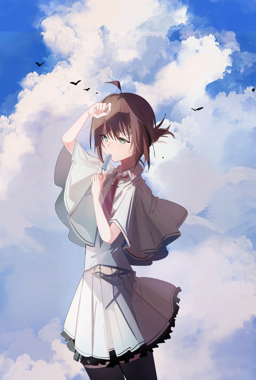 1girl absurdres ahoge arm_up black_thighhighs blush brown_hair capelet cloud collared_shirt cowboy_shot cumulonimbus_cloud day folded_ponytail food food_in_mouth frilled_skirt frills green_eyes hair_between_eyes hand_up highres holding holding_food holding_popsicle hot looking_afar medium_hair miniskirt necktie outdoors pleated_skirt popsicle popsicle_in_mouth red_necktie school_uniform shading_eyes shirt skirt solo subarashiki_hibi sweat tachibana_kimika thighhighs visinss white_capelet white_shirt white_skirt zettai_ryouiki