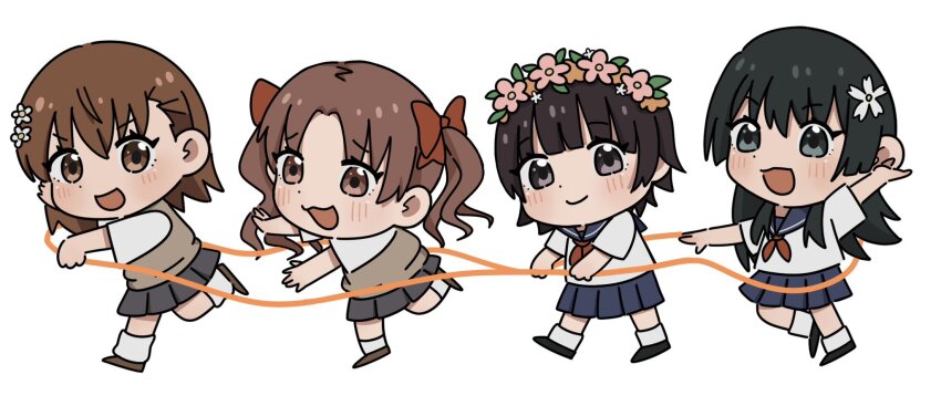 4girls black_hair blue_sailor_collar blue_skirt brown_eyes brown_hair brown_sweater_vest flower grey_eyes grey_skirt hair_flower hair_ornament head_wreath highres long_hair mi_(mi_saka) misaka_mikoto multiple_girls neckerchief pleated_skirt red_neckerchief sailor_collar sailor_shirt saten_ruiko school_uniform serafuku shirai_kuroko shirt short_hair simple_background skirt smile string summer_uniform sweater_vest toaru_kagaku_no_railgun toaru_majutsu_no_index uiharu_kazari white_background white_shirt