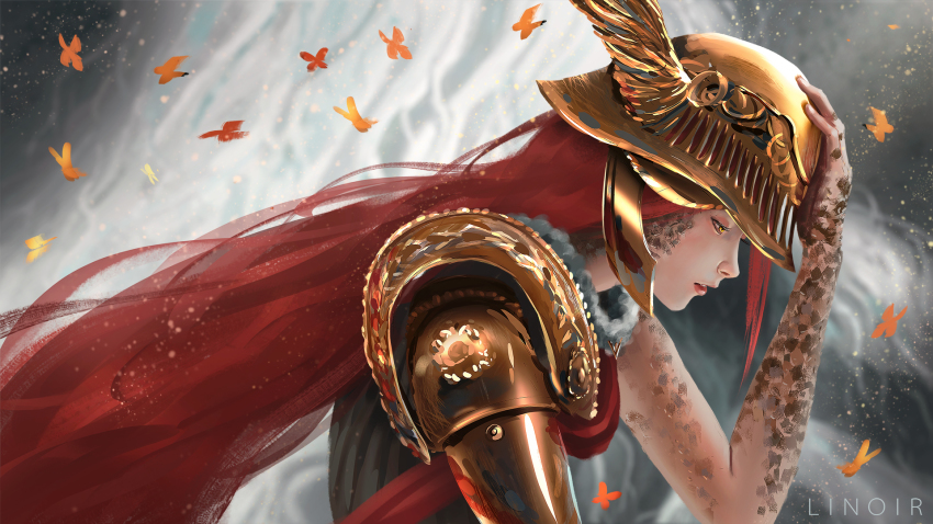 1girl cape closed_mouth dress elden_ring from_side helmet highres holding linoir long_hair malenia_blade_of_miquella mechanical_arms prosthesis prosthetic_arm red_hair simple_background single_mechanical_arm solo very_long_hair winged_helmet yellow_eyes