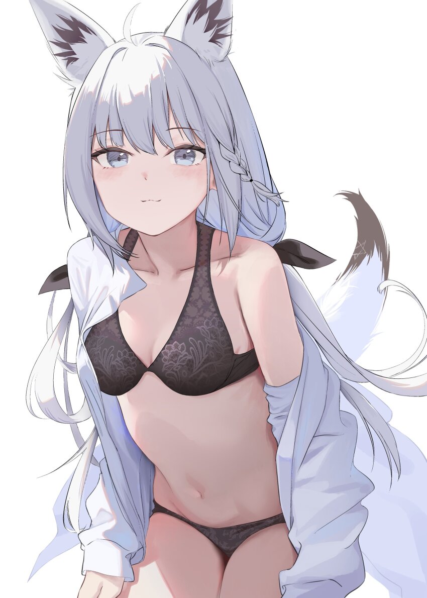 1girl absurdres ahoge animal_ears blush braid breasts closed_mouth collarbone commentary cowboy_shot fox_ears fox_girl fox_tail grey_eyes halterneck highres hololive lace_bikini long_hair looking_at_viewer miaohik navel off_shoulder open_clothes open_shirt shirakami_fubuki shirt simple_background single_braid single_off_shoulder small_breasts solo tail virtual_youtuber white_background white_hair white_shirt