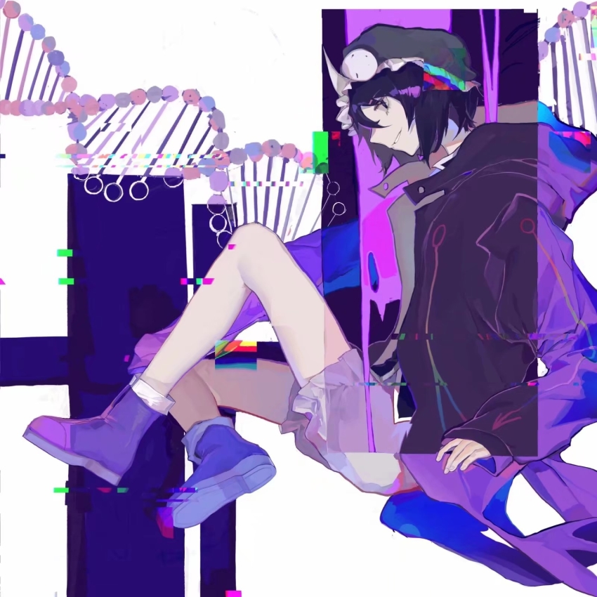 1other androgynous black_hat corallo dna frilled_hat frills hat highres hood hood_down jacket len&#039;en long_sleeves open_clothes open_jacket purple_eyes purple_footwear purple_hair shitodo_kuroji shoes short_hair shorts sitting smile socks solo white_shorts white_socks