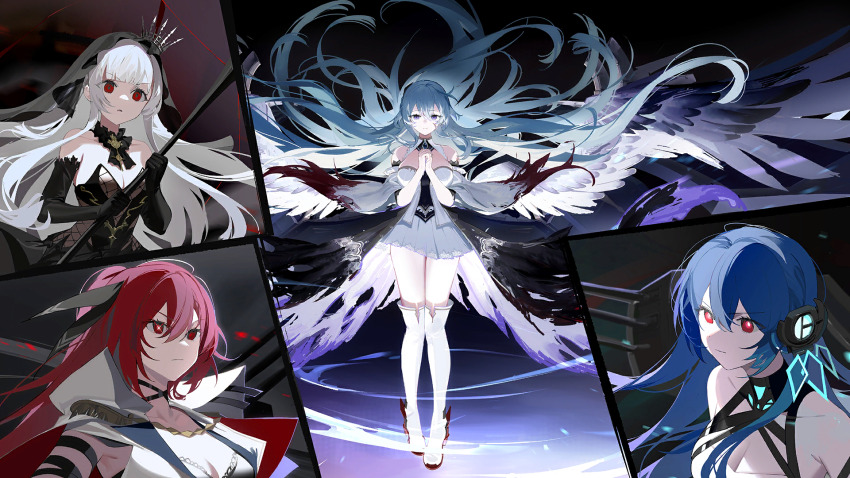 angel_wings azur_lane bare_shoulders black_dress black_gloves black_wings blue_eyes blue_hair boots braid breasts burnt_clothes cape chain cleavage closed_mouth crown detached_sleeves dress feathered_wings floating floating_hair full_body gloves hair_between_eyes hair_ornament hands_up helena_(meta)_(azur_lane) high_heel_boots high_heels highres large_breasts large_wings long_hair military_vehicle miniskirt multiple_girls multiple_wings non-web_source official_art own_hands_clasped own_hands_together pleated_skirt queen_elizabeth_(meta)_(azur_lane) red_eyes red_footwear red_hair ribbon rigging rodney_(azur_lane) rodney_(meta)_(azur_lane) serious ship shoes skirt standing strapless strapless_dress thigh_boots thighhighs torn_clothes turret very_long_hair warship watercraft white_footwear white_hair white_skirt wichita_(azur_lane) wichita_(meta)_(azur_lane) wide_shot wings zettai_ryouiki