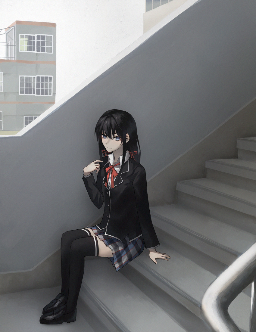 1girl absurdres black_hair black_jacket blazer blue_eyes blush building collared_shirt hair_ribbon highres jacket long_hair looking_at_viewer neck_ribbon outdoors plaid_clothes plaid_skirt pleated_skirt red_ribbon ribbon school_uniform shirt sitting sitting_on_stairs skirt sobu_high_school_uniform solo stairs thighhighs tyrezal white_shirt yahari_ore_no_seishun_lovecome_wa_machigatteiru. yukinoshita_yukino