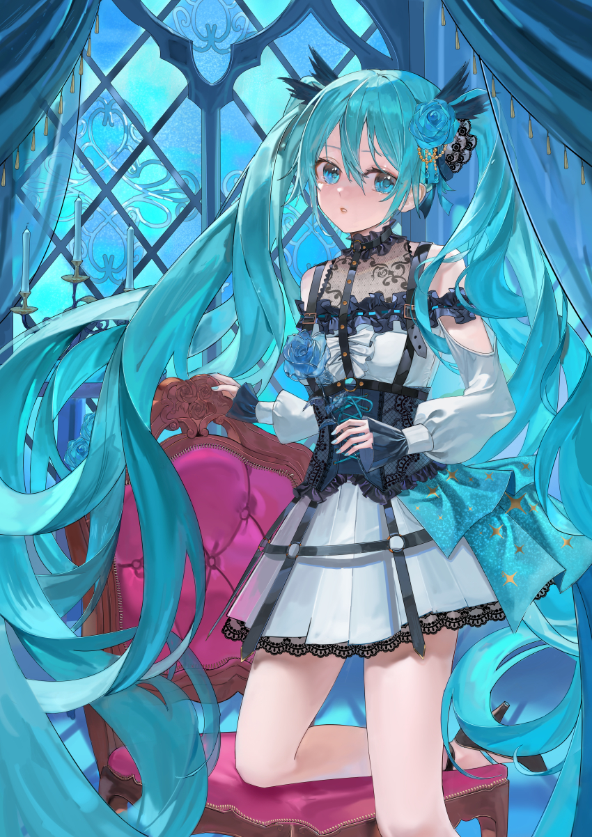 1girl absurdly_long_hair absurdres arm_cutout blue_eyes blue_flower blue_hair blue_nails blue_rose dress floating_hair flower hair_between_eyes hair_flower hair_ornament hatsune_miku highres holding holding_flower iinagi_(kashiwa_keira) lolita_fashion long_hair looking_at_viewer nail_polish on_one_knee parted_lips pleated_dress rose short_dress solo twintails underbust very_long_hair vocaloid white_dress white_sleeves