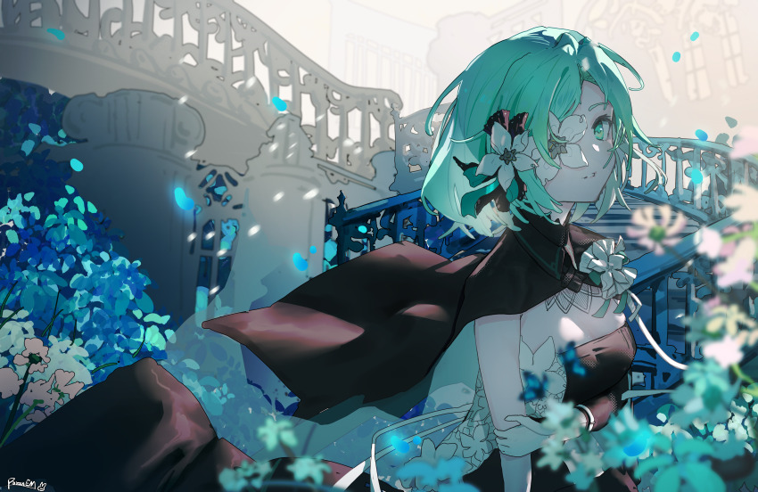 absurdres arcaea black_cape black_dress blue_flower breasts cape cleavage dress flower flower_over_eye green_eyes green_hair hair_between_eyes hair_flower hair_ornament highres looking_at_viewer mala_tutou medium_hair saya_(arcaea) smile upper_body watermark