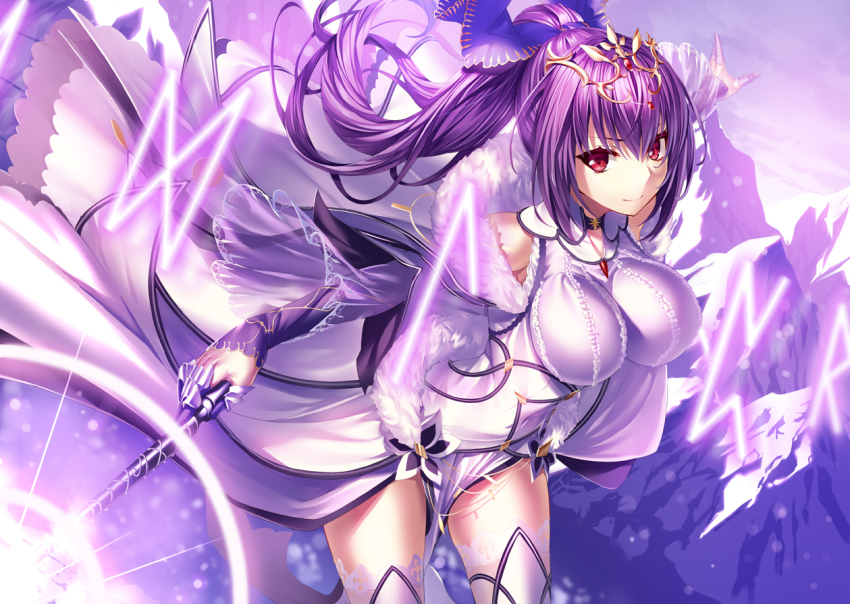 1girl breasts closed_mouth cowboy_shot dress fate/grand_order fate_(series) hair_ribbon heirou holding holding_wand impossible_clothes impossible_shirt large_breasts long_hair looking_at_viewer ponytail purple_hair purple_ribbon purple_theme red_eyes ribbon runes scathach_(fate) scathach_skadi_(fate) scathach_skadi_(third_ascension)_(fate) shirt smile solo thighhighs tiara wand white_dress white_thighhighs zettai_ryouiki