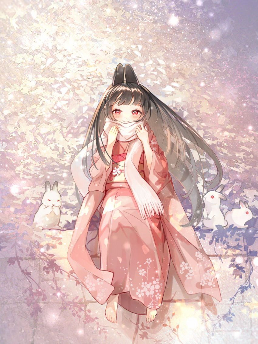 1girl animal_ears black_hair closed_mouth floral_print flower full_body highres japanese_clothes kimono long_hair looking_at_viewer obi obiage obijime original pink_kimono print_kimono rabbit rabbit_ears rabbit_girl red_eyes sash scarf sitting smile solo toumin_(onemunemu99) very_long_hair white_flower wide_sleeves