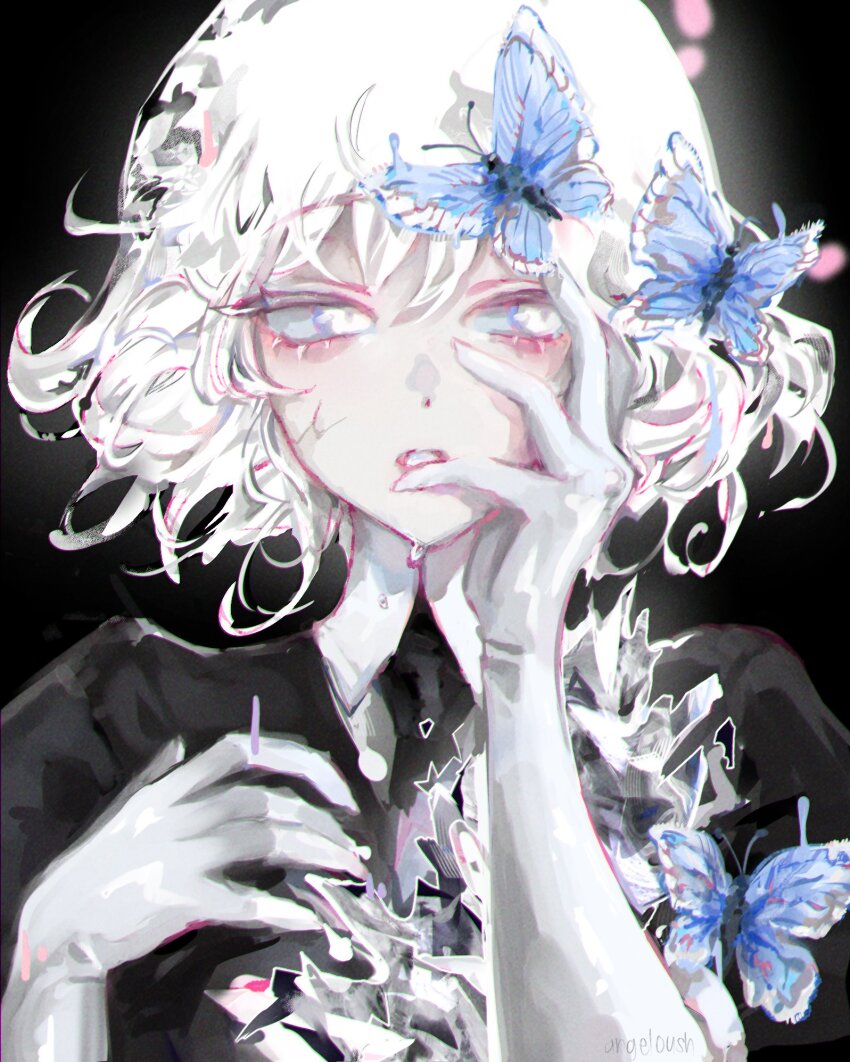 1other androgynous angeloush animal black_background black_necktie blue_butterfly blue_eyes bug butterfly butterfly_on_head commentary diamond_(houseki_no_kuni) english_commentary eyelashes gem_uniform_(houseki_no_kuni) gloves hand_on_own_cheek hand_on_own_face hands_up highres houseki_no_kuni insect liquid looking_at_viewer necktie other_focus portrait puffy_short_sleeves puffy_sleeves short_hair short_sleeves simple_background solo wet white_gloves white_hair