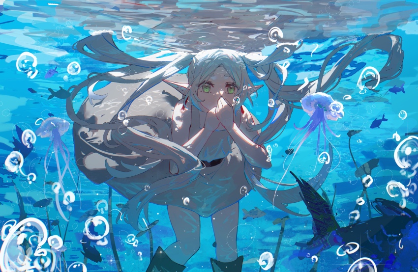 1girl absurdres air_bubble bubble dress earrings eiki- elf fish floating_earring frieren green_eyes grey_dress grey_hair highres holding_breath jellyfish jewelry long_hair pointy_ears solo sousou_no_frieren underwater