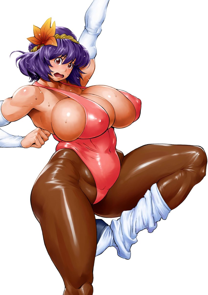 1girl bonten bouncing_breasts breasts detached_sleeves hair_ornament highres huge_breasts leaf_hair_ornament leg_warmers purple_hair short_hair sweat touhou unitard workout_clothes yasaka_kanako