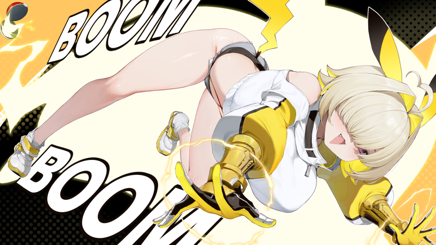 1girl absurdres ahoge all_fours animal_ears black_gloves blonde_hair breasts chinese_commentary clothing_cutout commentary commentary_request cosplay creatures_(company) crop_top electricity elegg_(nikke) english_commentary english_text fang game_freak gloves goddess_of_victory:_nikke grey_shorts hair_intakes hair_over_eyes highres kanon_(sinto) large_breasts long_bangs long_sleeves looking_at_viewer micro_shorts midriff mixed-language_commentary multicolored_hair nintendo open_mouth pikachu_ears pikachu_tail poke_ball pokemon pokemon_tail purple_eyes shirt short_hair shorts shoulder_cutout simple_background smile solo stomach tail thighs two-sided_gloves two-tone_gloves two-tone_hair white_footwear white_shirt yellow_gloves