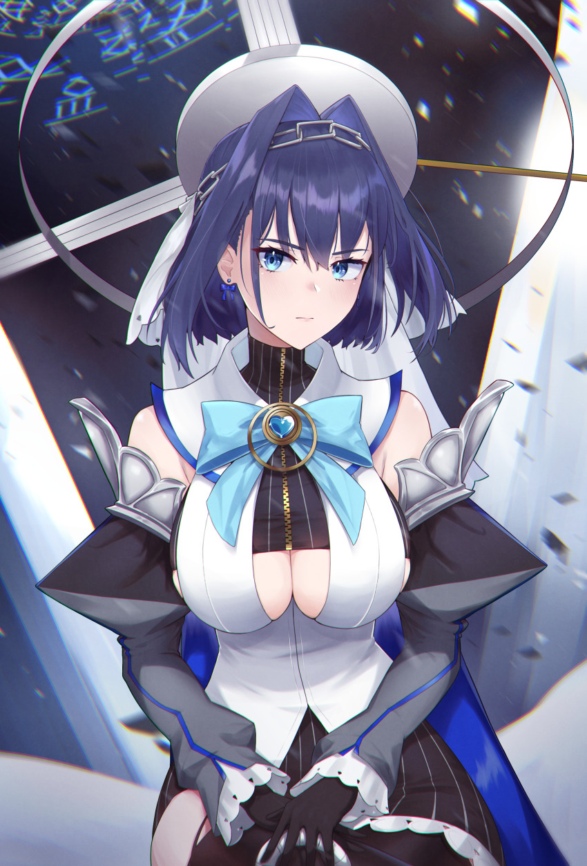 1girl absurdres bare_shoulders black_gloves black_pantyhose black_skirt black_thighhighs blue_bow blue_eyes blue_hair bow breasts brooch chain chain_headband cleavage cleavage_cutout clothing_cutout detached_sleeves gloves hair_between_eyes hair_intakes hairband halo head_chain heart heart_brooch highres hololive hololive_english huge_filesize jellen_aura jewelry large_breasts looking_at_viewer mechanical_halo ouro_kronii ouro_kronii_(1st_costume) pantyhose shirt short_hair skirt solo striped_clothes striped_skirt thighhighs vertical-striped_clothes vertical-striped_skirt virtual_youtuber white_shirt zipper