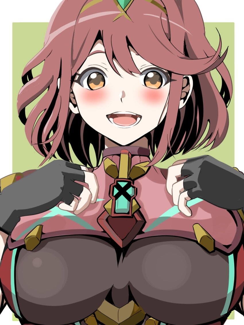 1girl :d black_gloves blush bob_cut border breasts brown_eyes chest_jewel commentary core_crystal_(xenoblade) fingerless_gloves gloves green_background hands_up highres impossible_clothes large_breasts looking_at_viewer medium_hair open_mouth pyra_(xenoblade) red_eyes red_hair simple_background smile solo swept_bangs taka_p_(zelda27th) tiara upper_body white_border xenoblade_chronicles_(series) xenoblade_chronicles_2