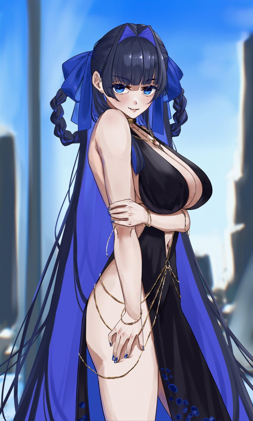 1girl absurdres alternate_costume bare_shoulders bb_(fate) bb_dubai_(fate) bb_dubai_(fate)_(cosplay) black_dress black_hair blue_eyes blue_hair blurry blurry_background breasts cocktail_dress cosplay cowboy_shot dress eipanguino fate_(series) hair_intakes highres hololive hololive_english huge_breasts multicolored_hair navel ouro_kronii solo two-tone_hair virtual_youtuber