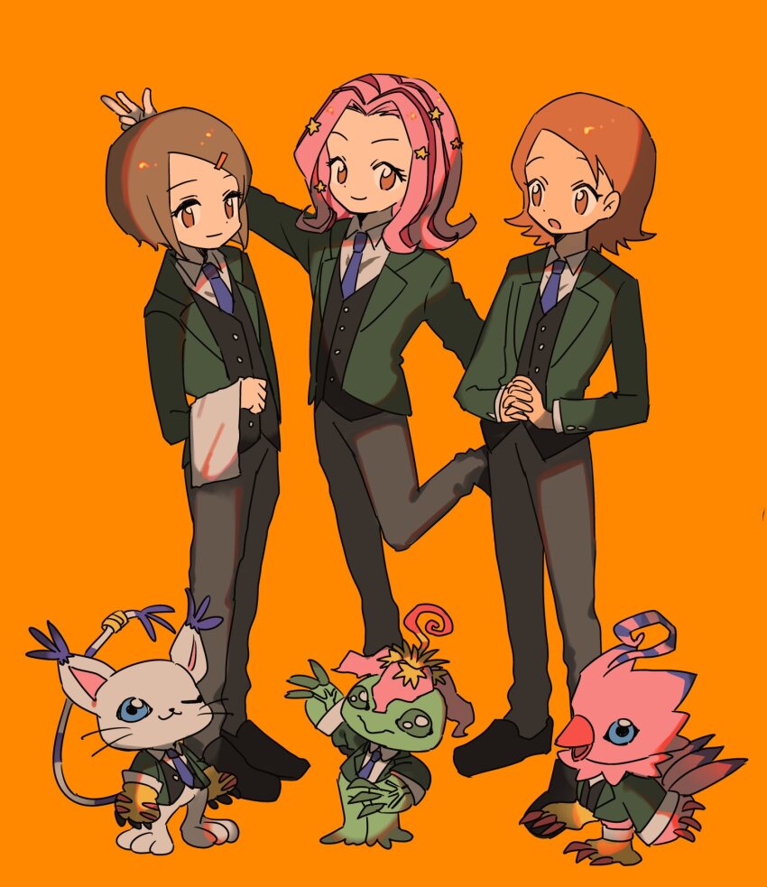 blue_eyes digimon digimon_(creature) digimon_adventure_02 gloves green_eyes highres holy_ring necktie one_eye_closed palmon pink_hair piyomon solo star_(symbol) tachikawa_mimi tailmon takenouchi_sora wink yagami_hikari