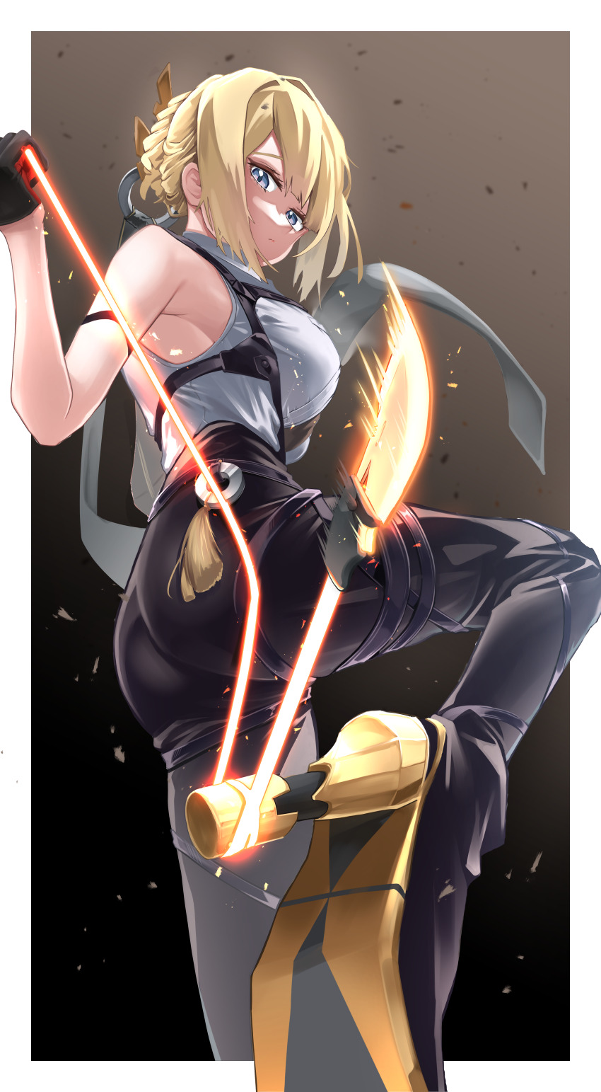 1girl absurdres arm_strap armpits ass bare_shoulders black_gloves black_pants blonde_hair border braid breasts chest_harness closed_mouth embers evelyn_chevalier foot_up gloves glowing glowing_weapon hair_ornament harness high-waist_pants high_heels highres hisashi_punch holding holding_weapon large_breasts looking_at_viewer motion_blur outside_border pants pink_eyes ring_hair_ornament shirt shoes skin_tight sleeveless sleeveless_shirt solo standing standing_on_one_leg string tight_clothes tight_pants twisted_torso uneven_bangs weapon white_border white_shirt zenless_zone_zero