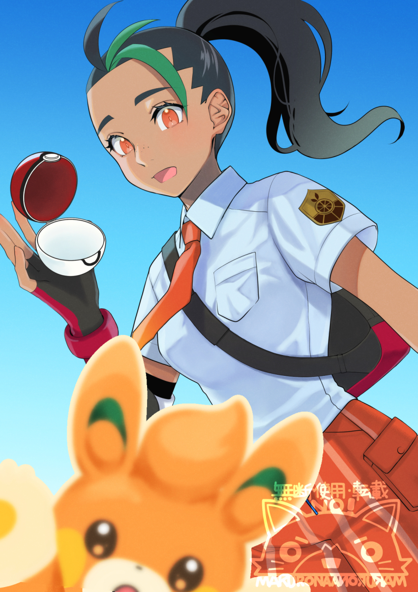 1girl :d backpack bag black_hair breast_pocket collared_shirt commentary_request creatures_(company) day eyelashes fingerless_gloves game_freak gloves green_hair hand_up highres holding holding_poke_ball logo looking_down makkurokurona multicolored_hair necktie nemona_(pokemon) nintendo open_mouth orange_eyes orange_necktie orange_shorts outdoors pawmi pocket poke_ball pokemon pokemon_(creature) pokemon_sv ponytail school_uniform shirt short_sleeves shorts sky smile two-tone_hair watermark