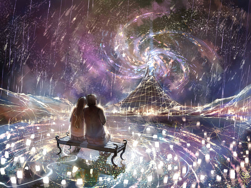 1boy 1girl bench colorful commentary couple dark hill light_particles long_hair night night_sky original rain reflection scenery short_hair sishenfan sitting sky sweater volcano