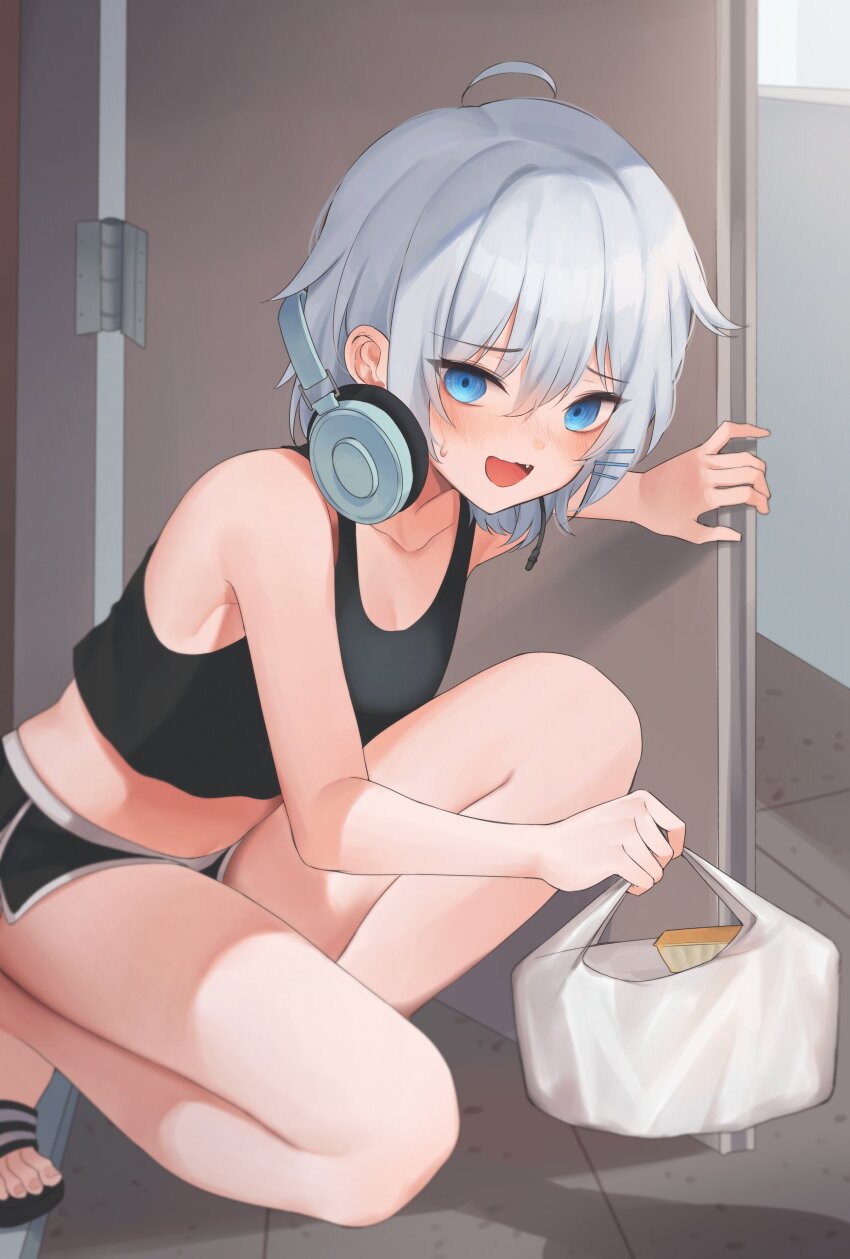 1girl absurdres bag bare_shoulders black_shorts black_tank_top blue_eyes breasts crop_top delivery dolphin_shorts doorway drawstring embarrassed fang gosegu grey_hair headphones headphones_around_neck highres looking_at_viewer midriff navel nervous_smile nervous_sweating on_one_knee open_door open_mouth plastic_bag short_hair short_shorts shorts slippers small_breasts smile solo sweat sweatdrop tank_top thighs waktaverse yu_seol_69