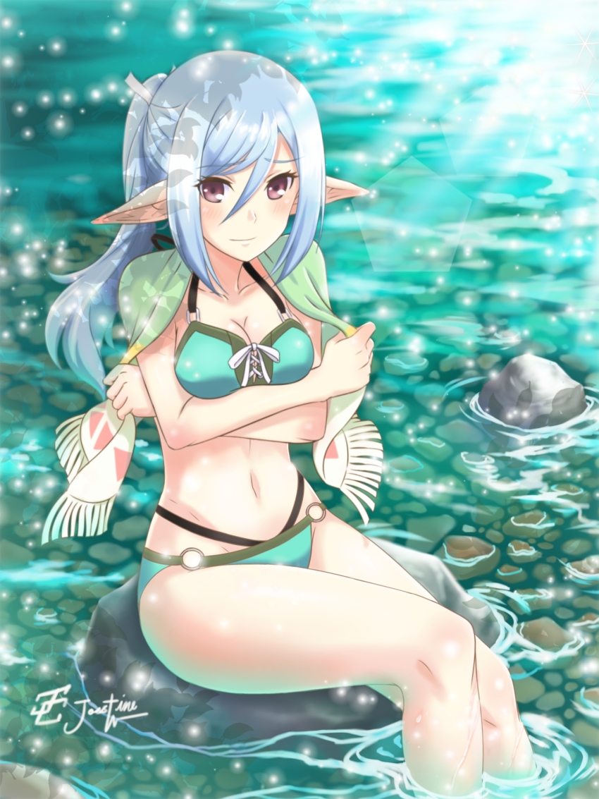 1girl arms_under_breasts bikini blue_hair blush breasts brown_eyes cleavage closed_mouth day green_bikini hair_between_eyes highres joestine22 long_hair medium_breasts navel on_rock outdoors pointy_ears ponytail rock rune_factory rune_factory_5 scarlett_(rune_factory) sitting soaking_feet solo swimsuit water