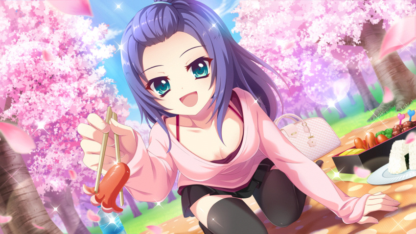 1girl :d all_fours alternate_hairstyle aqua_eyes bag bento black_skirt black_thighhighs blue_hair blue_sky bottle breasts broccoli camisole cherry_blossoms cherry_tree chopsticks cleavage cloud collarbone day dot_nose dutch_angle falling_petals film_grain food food_art forehead game_cg grass hair_slicked_back handbag holding holding_chopsticks honjou_kasumi incoming_food izumi_tsubasu lens_flare long_hair long_sleeves looking_at_viewer medium_breasts miniskirt no_shoes non-web_source official_art on_ground onigiri open_mouth outdoors paper_plate petals picnic_blanket pink_bag pink_petals pink_shirt plate polka_dot polka_dot_blanket purple_camisole re:stage! scoop_neck shirt skewer skirt sky smile solo spaghetti_strap sparkle tako-san_wiener thighhighs tree water_bottle zettai_ryouiki