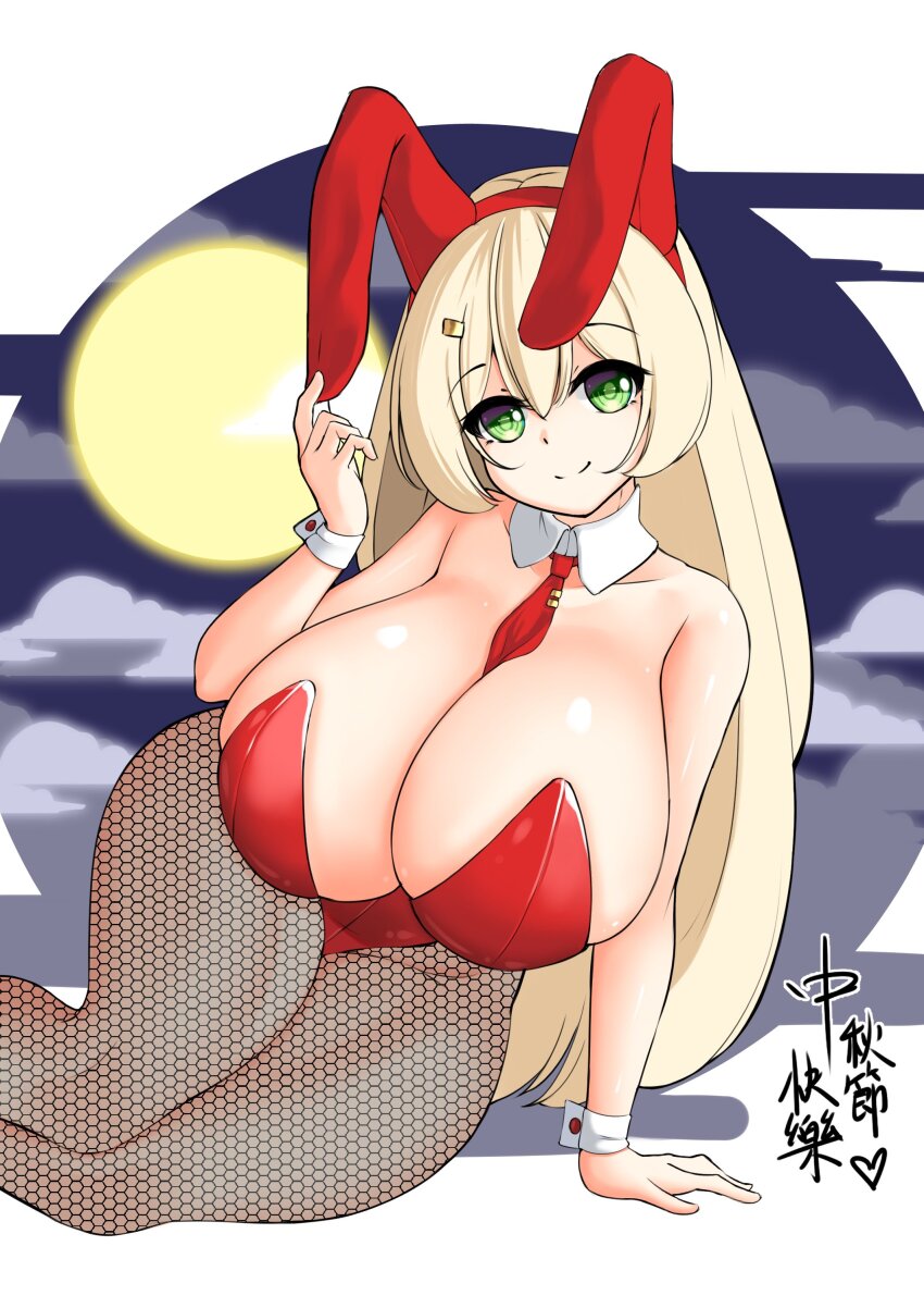 1girl absurdres animal_ear_hairband animal_ears between_breasts blonde_hair blush breasts cat_girl cloud cloudy_sky detached_collar detached_sleeves ears_down fake_animal_ears fishnet_pantyhose fishnets green_eyes hair_between_eyes hairband highres huge_breasts japanese_text kaedeno_yuu leaning_to_the_side leotard long_hair moon necktie night night_sky original pantyhose playboy_bunny red_hairband red_leotard reimu_nekomusu_(kaedeno_yuu) sitting sky smile solo thick_thighs thighs translation_request