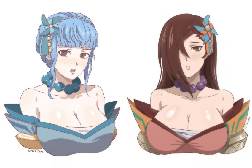 2girls alternate_costume bare_shoulders bead_necklace beads blue_hair blunt_bangs braid breasts brown_eyes brown_hair cleavage collarbone commentary cosplay crown_braid fire_emblem fire_emblem:_three_houses fire_emblem_fates fire_emblem_heroes grey_eyes hair_over_one_eye highres jewelry kagero_(fire_emblem) kagero_(fire_emblem)_(cosplay) kagero_(winds_offered)_(fire_emblem) large_breasts looking_at_viewer marianne_von_edmund multiple_girls necklace nintendo off_shoulder official_alternate_costume open_mouth sarashi short_hair simple_background tak0baka upper_body white_background