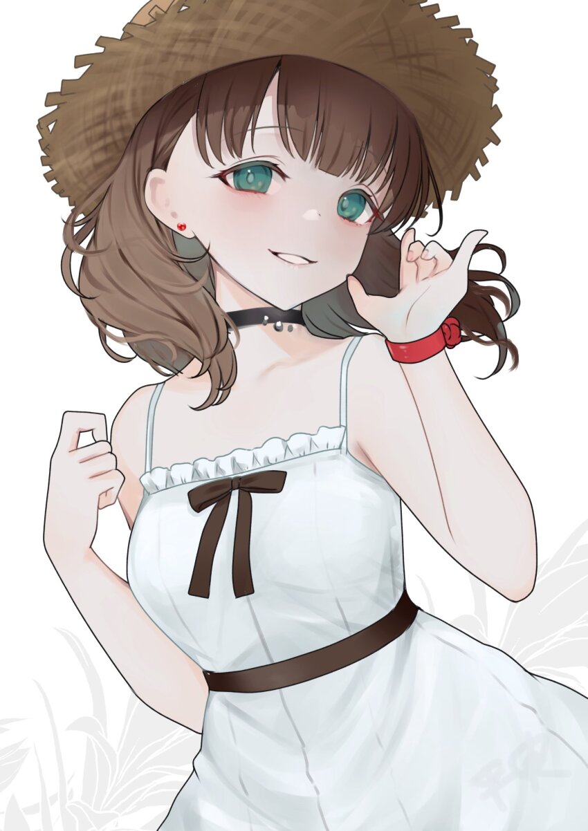 brown_hair green_eyes hat highres looking_at_viewer ribbon sakuma_mayu saltylemontea shoulder_necklace simple_background smile top_hat