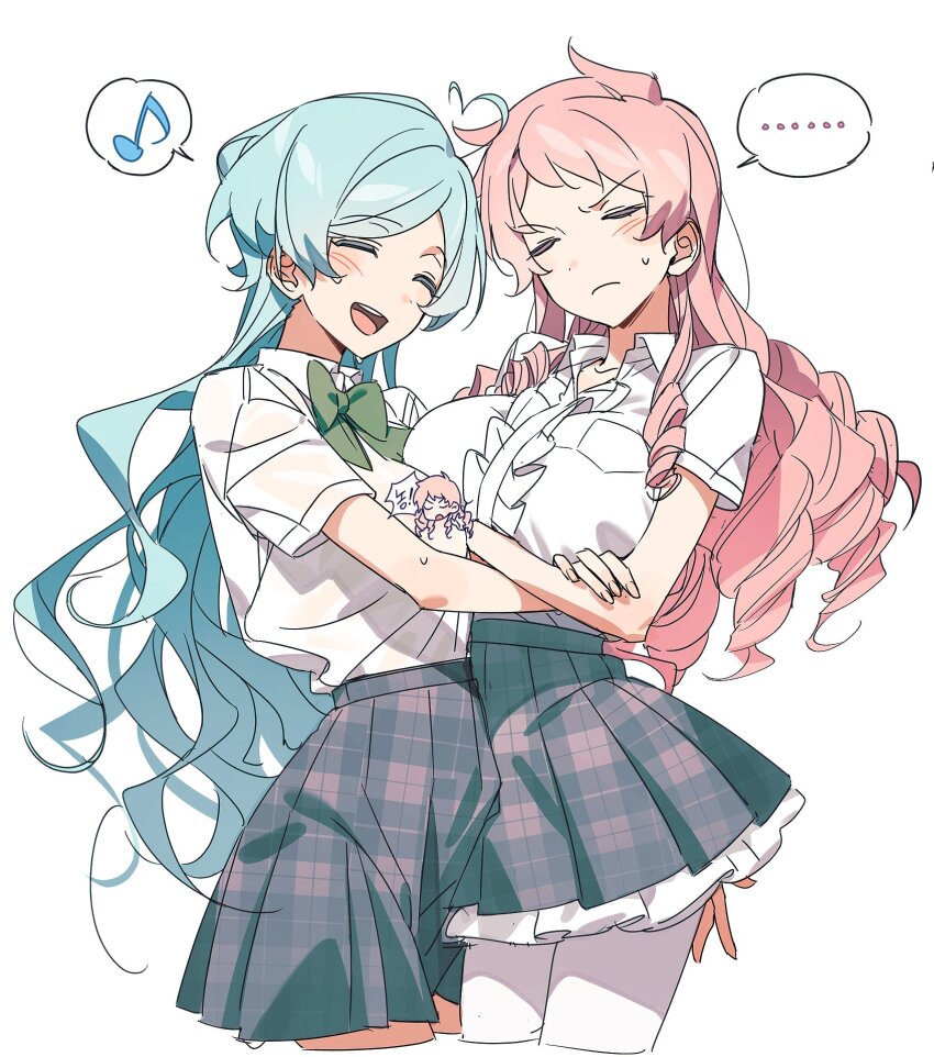 ... 2girls ahoge blue_hair blush closed_eyes closed_mouth ensemble_stars! genderswap genderswap_(mtf) highres hisu_(hiss_1107) itsuki_shu multiple_girls musical_note open_mouth pink_hair plaid_clothes plaid_skirt school_uniform shinkai_kanata shirt short_sleeves skirt spoken_ellipsis spoken_musical_note teeth white_shirt