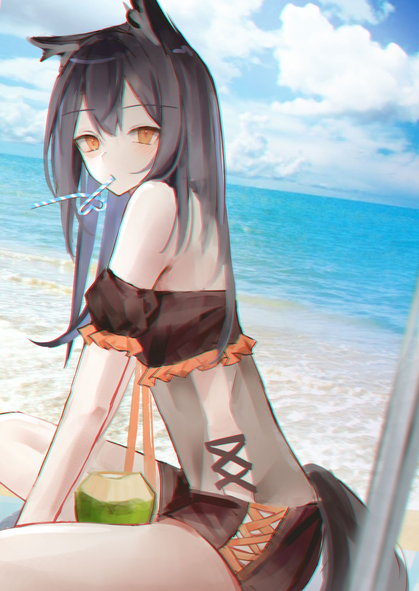 0_(znanimo) 1girl absurdres animal_ears arknights bare_shoulders beach beach_umbrella bikini black_bikini black_hair blue_sky cloud drinking_straw drinking_straw_in_mouth ear_piercing from_side highres long_hair off-shoulder_bikini off_shoulder orange_eyes piercing sand sitting sky solo swimsuit tail texas_(arknights) umbrella water wolf_ears wolf_girl wolf_tail