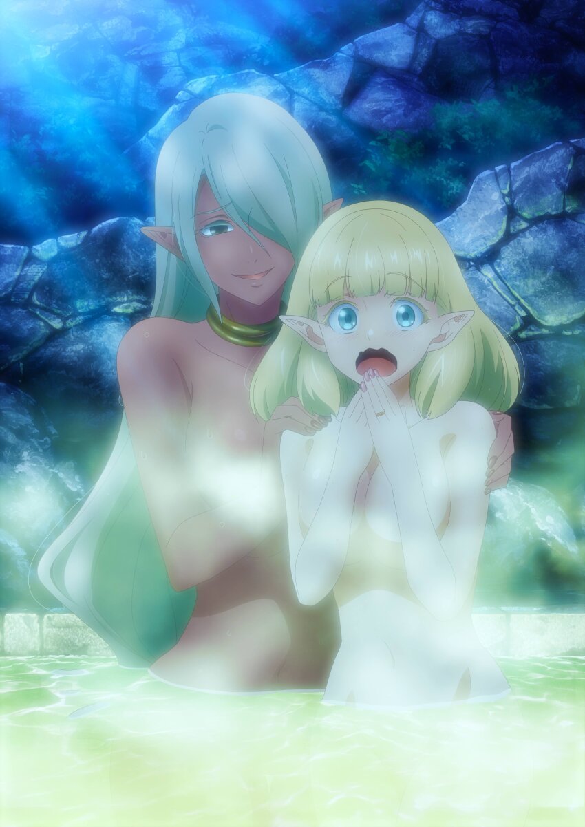 2girls absurdres blonde_hair breasts green_eyes highres huge_breasts kekkon_yubiwa_monogatari large_breasts long_hair multiple_girls nephrites_lomka nude official_art onsen peridot_(kekkon_yubiwa_monogatari) pointy_ears water