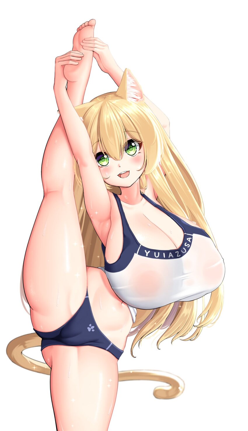 1girl animal_ear_fluff animal_ears armpits arms_up balancing barefoot bike_shorts blonde_hair blush breasts cameltoe cat_ears cat_girl cat_tail cleavage covered_areolae dot_nose feet green_eyes hair_between_eyes hair_over_shoulder highres holding_own_foot huge_breasts kaedeno_yuu kneepits leg_up navel original reimu_nekomusu_(kaedeno_yuu) shiny_skin shortstack smile solo sparkle split standing standing_on_one_leg standing_split tail tank_top teeth thick_thighs thighs upper_teeth_only white_background workout_clothes