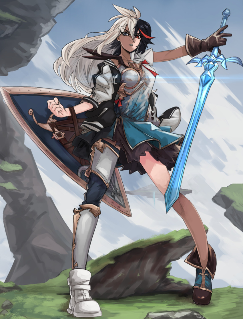 1girl arm_shield black_hair black_skirt blue_dress blue_eyes boobplate boots breastplate brown_footwear brown_gloves clenched_hand commentary dress english_commentary gloves granblue_fantasy grey_hair heterochromia highres holding holding_sword holding_weapon kamuify kill_la_kill koshimizu_ami long_hair matoi_ryuuko multicolored_hair red_eyes red_hair single_glove single_thighhigh skirt solo streaked_hair sword thighhighs transformation voice_actor_connection weapon white_sneakers zooey_(granblue_fantasy)
