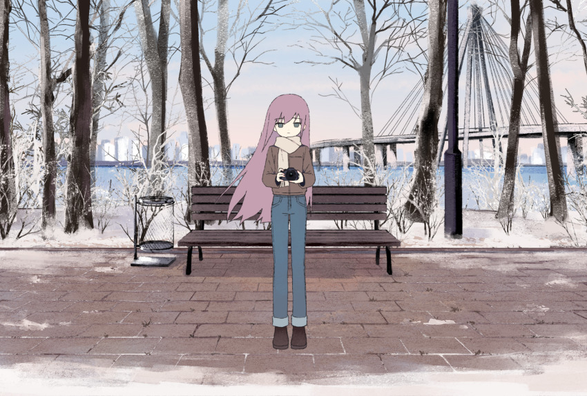 bare_tree bench blue_pants bridge brown_footwear brown_jacket brown_scarf camera closed_mouth denim floating_hair frills grey_eyes highres holding holding_camera jacket jeans lamppost long_hair mechuragi pants pink_hair scarf shoes snow standing suspension_bridge trash_can tree uni_(vocaloid) very_long_hair vocaloid water