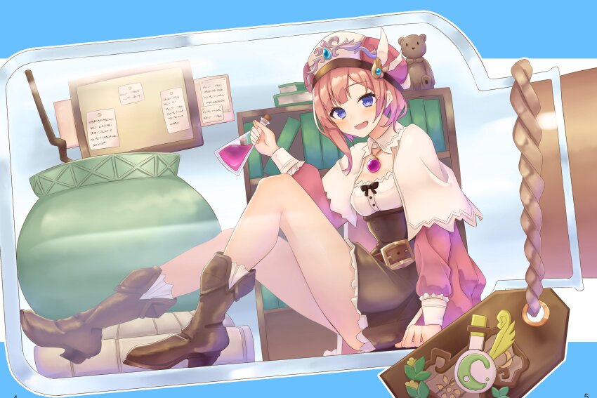 1girl :d absurdres atelier_(series) atelier_rorona belt blue_eyes blush book bookshelf boots bottle breasts brown_belt brown_footwear brown_hair bulletin_board cauldron cleavage dress flask full_body hat highres holding holding_flask in_bottle in_container jacket knee_boots liquid long_sleeves looking_at_viewer open_mouth paper pink_hat pink_jacket rorolina_frixell short_hair sitting small_breasts smile solo stuffed_animal stuffed_toy teddy_bear uhouhogorigori