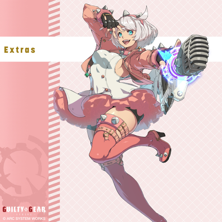 1girl absurdres bike_shorts bike_shorts_under_skirt black_shorts boots bracelet breasts collar elphelt_valentine guilty_gear guilty_gear_strive hairband hidehiko_sakamura high_heel_boots high_heels highres jewelry large_breasts looking_at_viewer microphone official_alternate_costume official_art open_mouth outstretched_arm shorts shorts_under_skirt sideboob skindentation spiked_bracelet spiked_collar spiked_hairband spikes thick_thighs thigh_boots thighhighs thighs