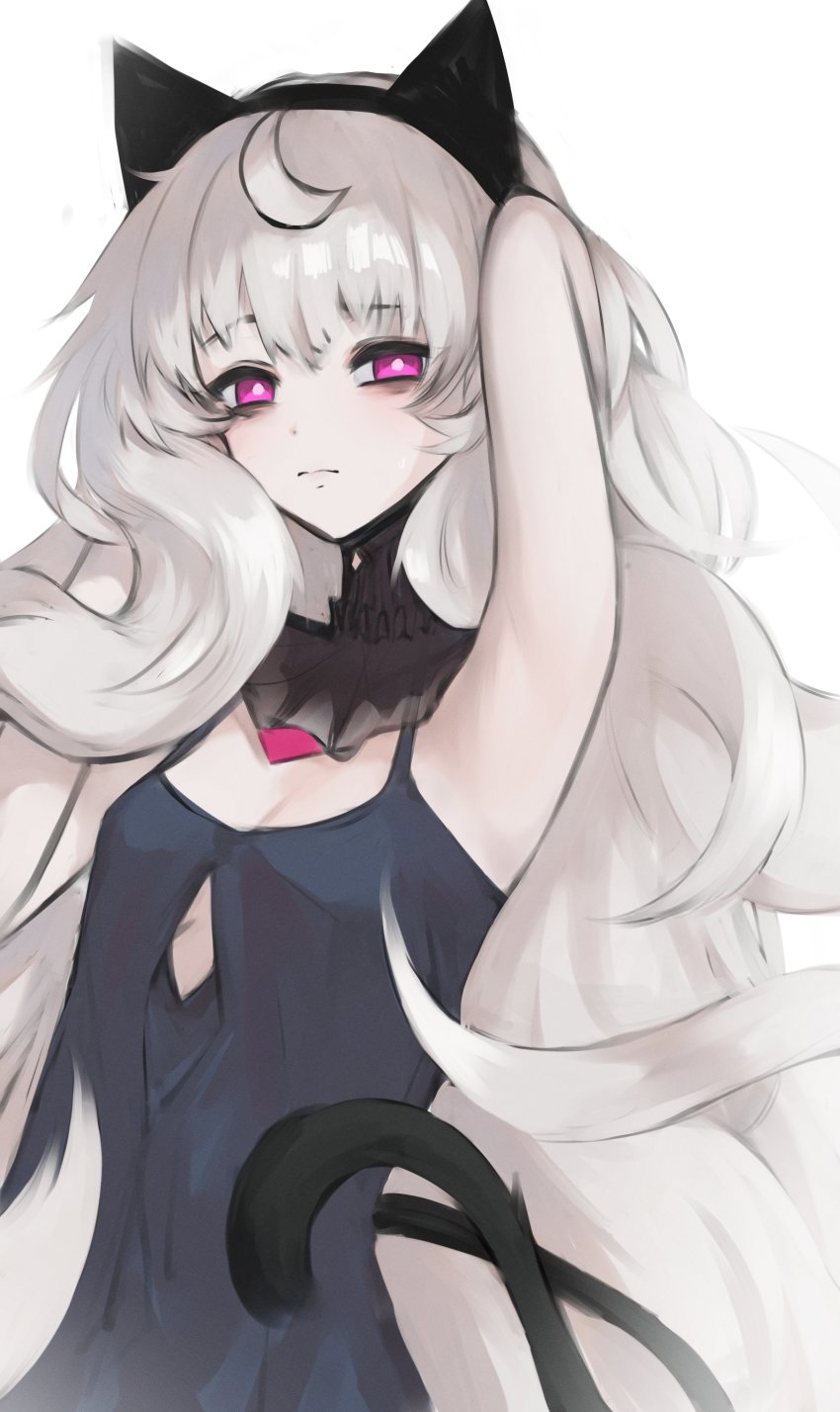 1girl absurdres adapted_costume animal_ears armpits bags_under_eyes black_dress breasts bright_pupils cat_ears cat_tail cleavage cleavage_cutout clothing_cutout daiishori dress fake_animal_ears grey_hair highres long_hair looking_at_viewer nijisanji nijisanji_en purple_eyes reimu_endou small_breasts solo tail upper_body very_long_hair virtual_youtuber white_pupils