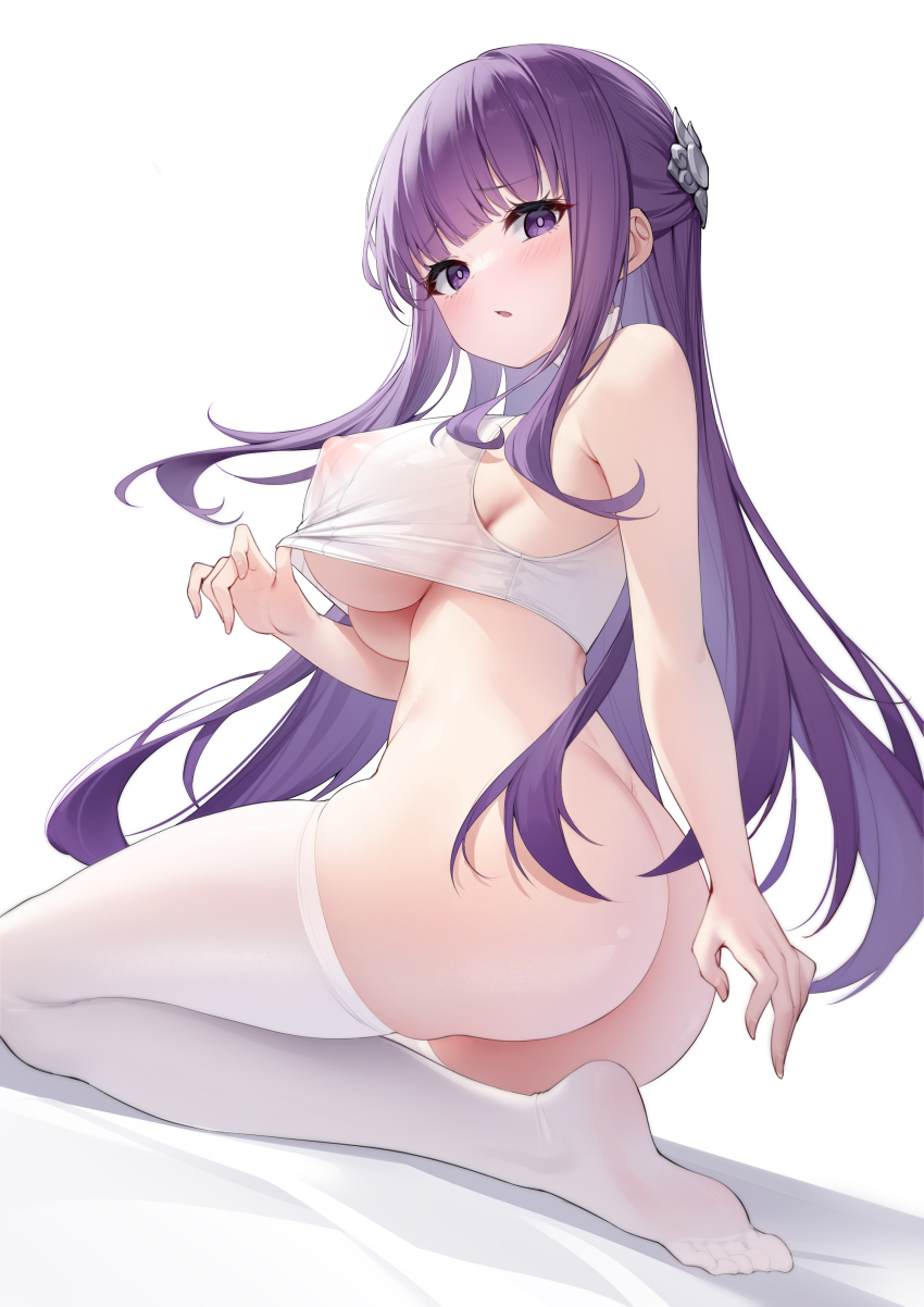 1girl absurdres ass blunt_bangs blush bottomless breasts covered_erect_nipples crop_top fern_(sousou_no_frieren) floating_hair from_below from_side highres k.t.cube large_breasts long_hair looking_at_viewer open_mouth purple_eyes purple_hair purple_pupils see-through_clothes seiza sideboob sidelocks simple_background sitting soles solo sousou_no_frieren thighhighs underboob undressing very_long_hair white_background white_thighhighs