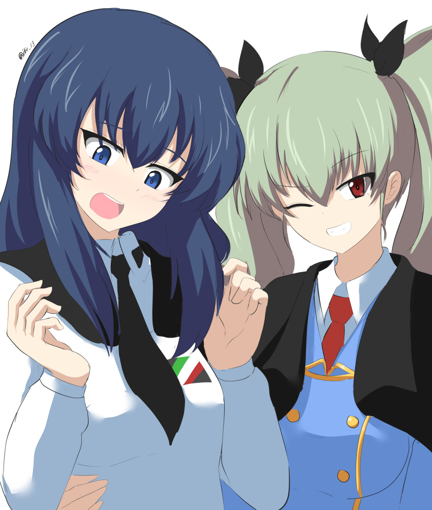 2girls absurdres aikir_(jml5160) anchovy_(girls_und_panzer) anzio_school_uniform black_cape black_necktie black_ribbon blue_eyes blue_hair blue_jacket breasts cape collared_shirt commentary_request cosplay costume_switch drill_hair eclair_(girls_und_panzer) girls_und_panzer girls_und_panzer_gekitou!_maginot-sen_desu!! green_hair hair_ribbon highres jacket long_hair maginot_military_uniform multiple_girls necktie red_eyes red_necktie ribbon school_uniform shirt signature twin_drills twintails white_shirt