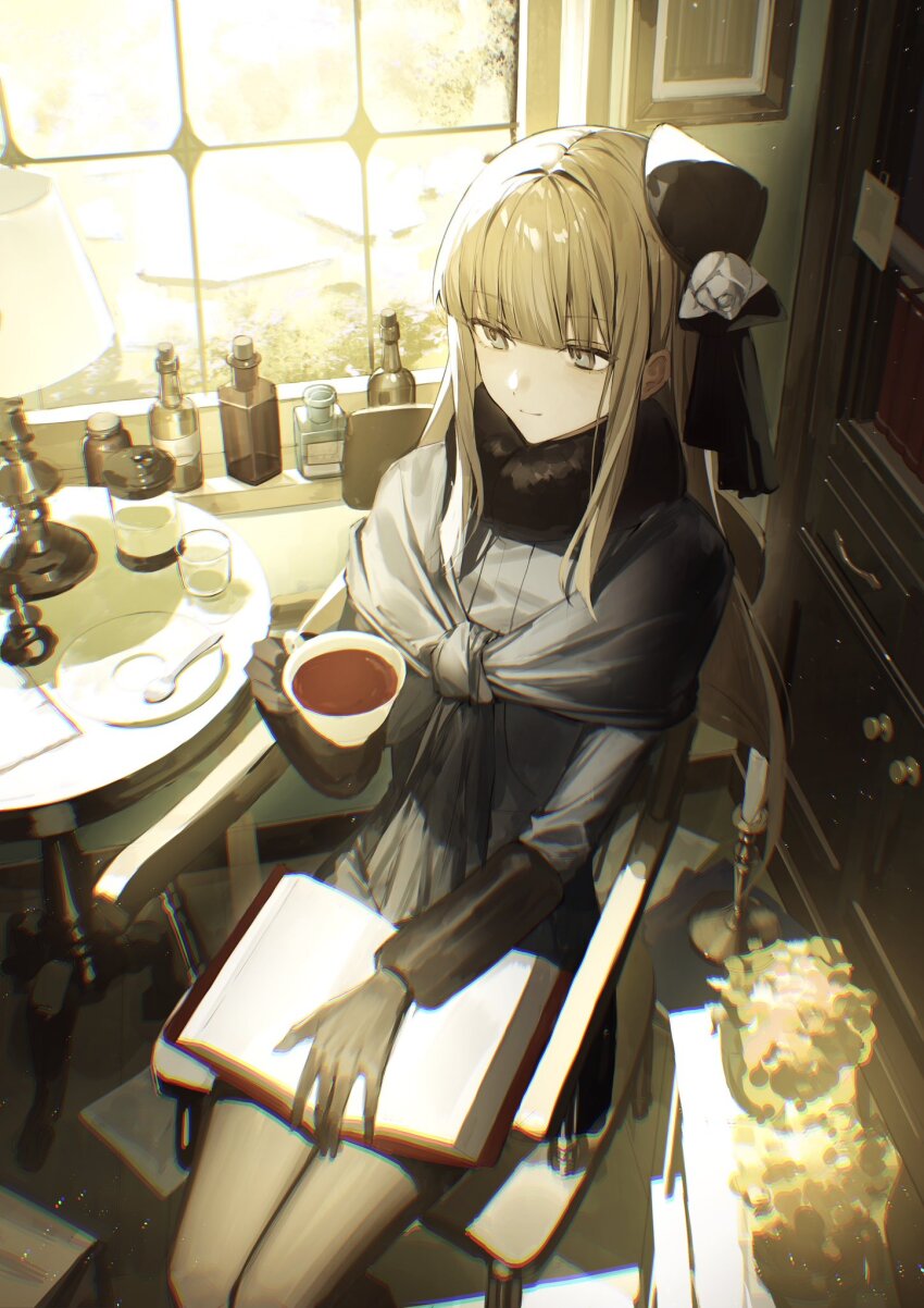 1girl black_dress blonde_hair blue_eyes book book_on_lap bottle chair closed_mouth commentary_request cup dress drinking_glass fate_(series) flower gloves hat hat_flower highres holding holding_cup lamp long_hair lord_el-melloi_ii_case_files open_book pantyhose picture_frame plate reines_el-melloi_archisorte scarf sitting smile spoon table tamitami tilted_headwear window