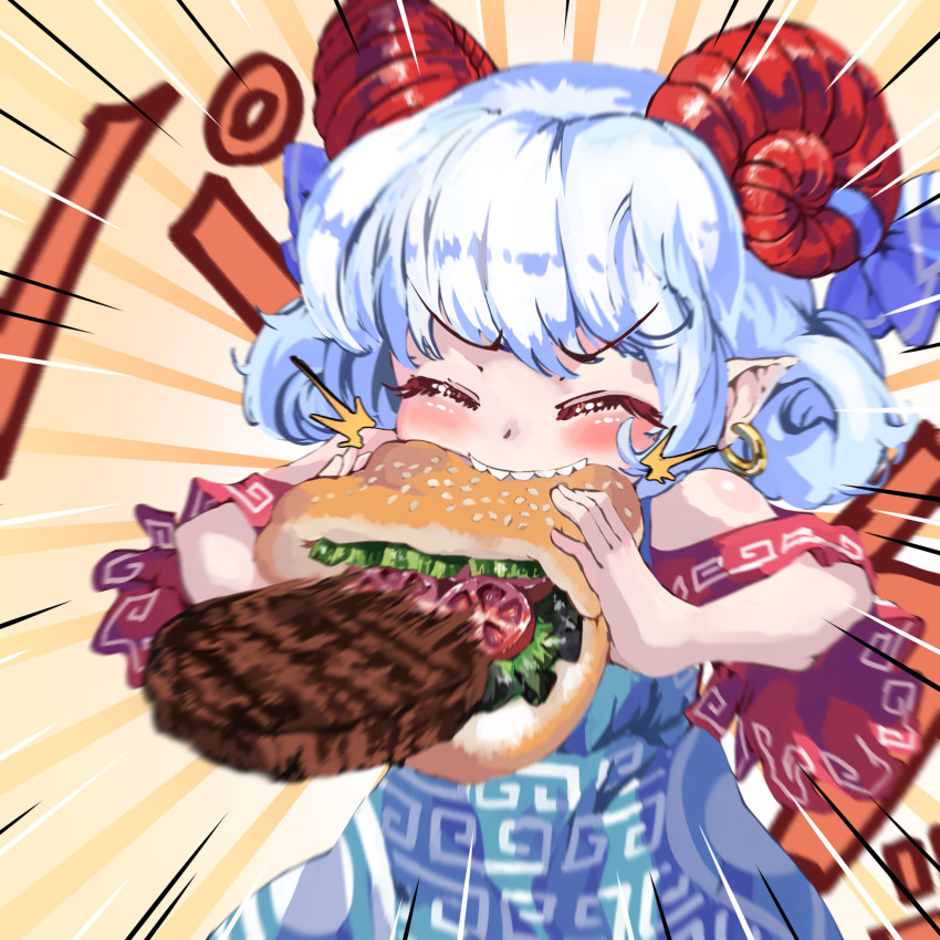 1girl absurdres blue_dress blue_vest burger burger_malfunction curly_hair detached_sleeves dress earrings fast_food food highres horn_ornament horn_ribbon horns jewelry meandros patterned_clothing pointy_ears red_horns red_sleeves ribbon sheep_horns solo sunnysideup tomato tomato_slice touhou toutetsu_yuuma vest