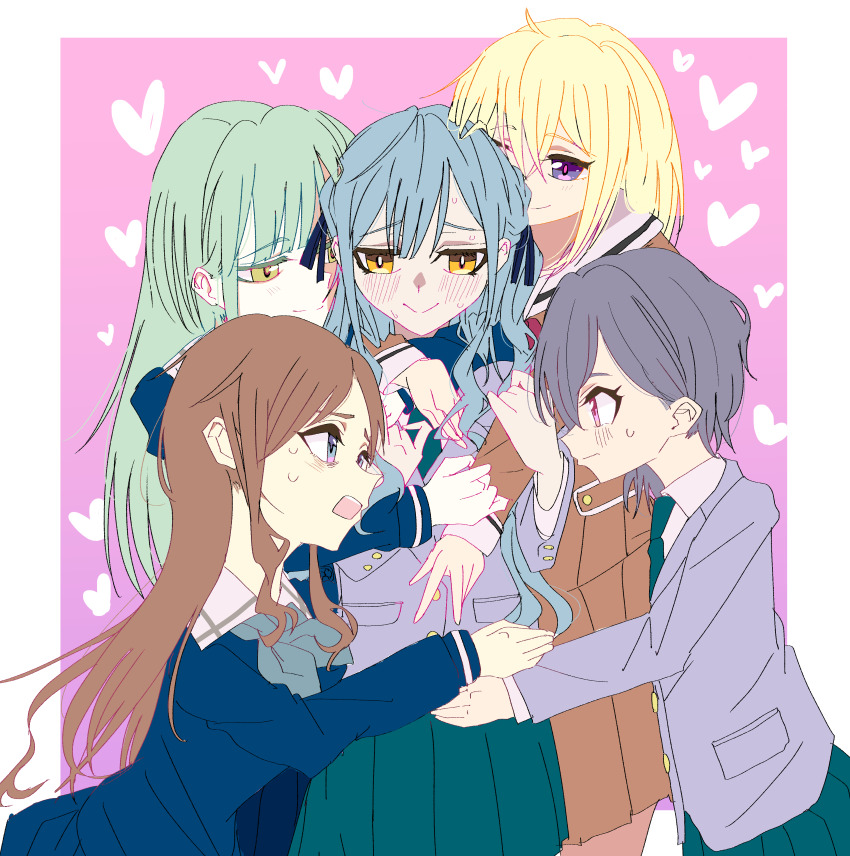 5girls absurdres bang_dream! bang_dream!_it&#039;s_mygo!!!!! blonde_hair blue_eyes blush border brown_dress brown_hair closed_mouth commentary dress female_focus green_hair green_skirt grey_hair grey_jacket hanasakigawa_school_uniform hand_on_another&#039;s_shoulder hand_on_another&#039;s_waist haneoka_school_uniform harem hashtag-only_commentary highres hug hug_from_behind jacket long_sleeves misumi_uika momosuke_suke multiple_girls nagasaki_soyo nervous_sweating outside_border pimp pink_background pink_eyes pleated_skirt purple_eyes sailor_dress school_uniform skirt smile sweat takamatsu_tomori togawa_sakiko tsukinomori_school_uniform wakaba_mutsumi white_border yellow_eyes yuri